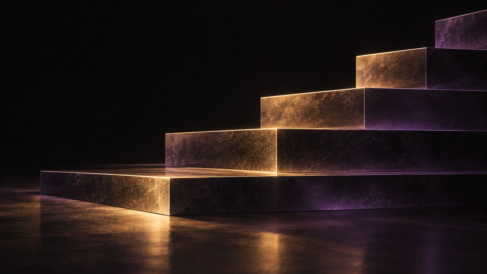 Abstract illustration: an ascending flight of stone steps with gold light along each riser