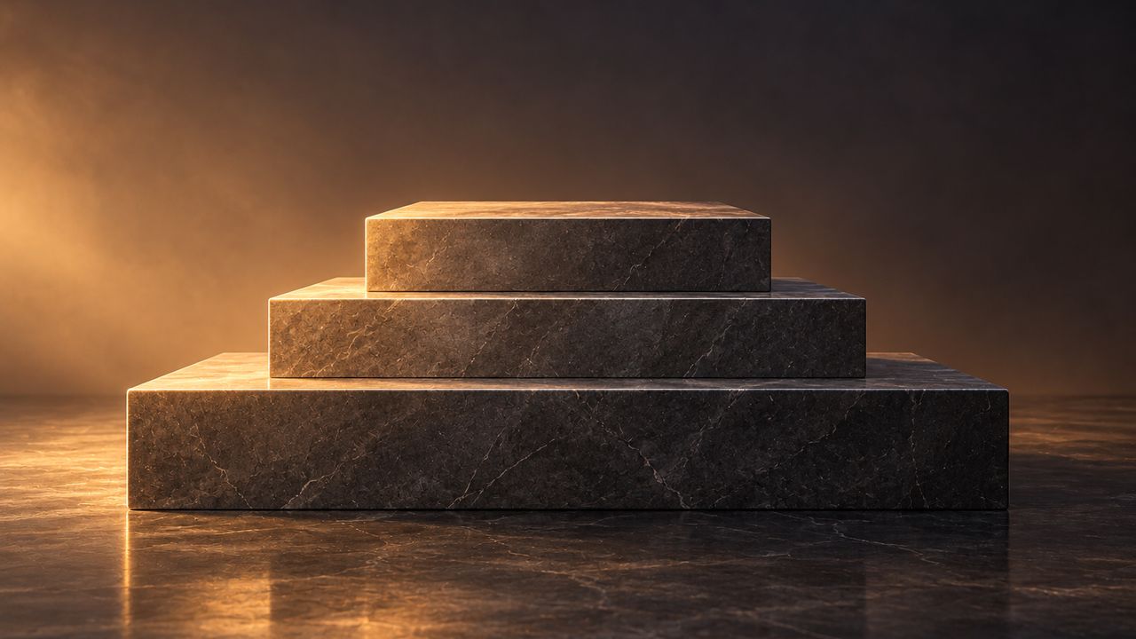 Abstract illustration: a tiered stone plinth rising in three solid steps