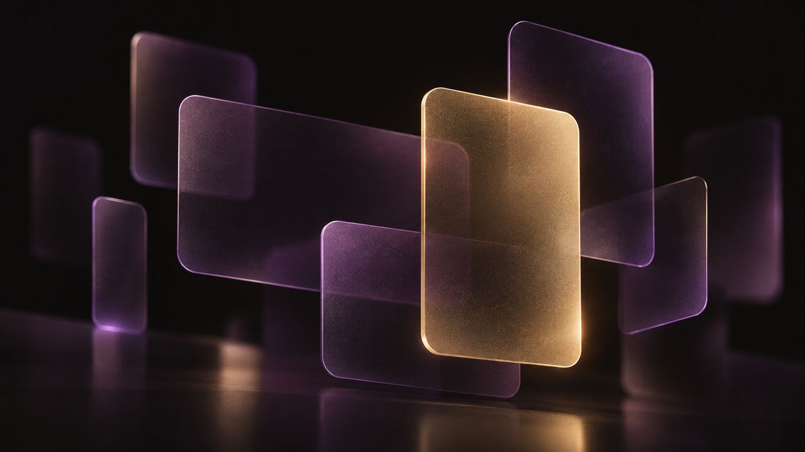 Abstract illustration: floating translucent panels arranged in a loose grid, one lit gold