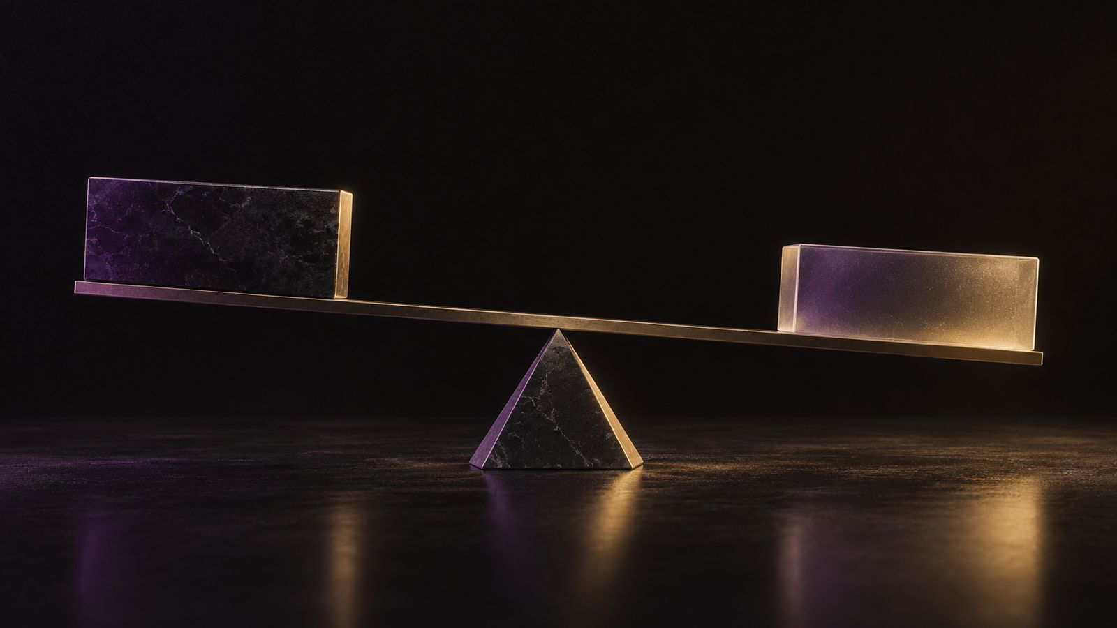 Abstract illustration: a balanced beam resting level on a stone fulcrum
