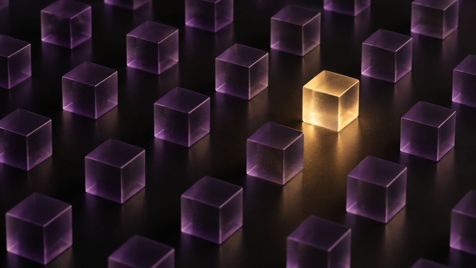 Abstract illustration: a grid of frosted cubes with one lit from within in gold