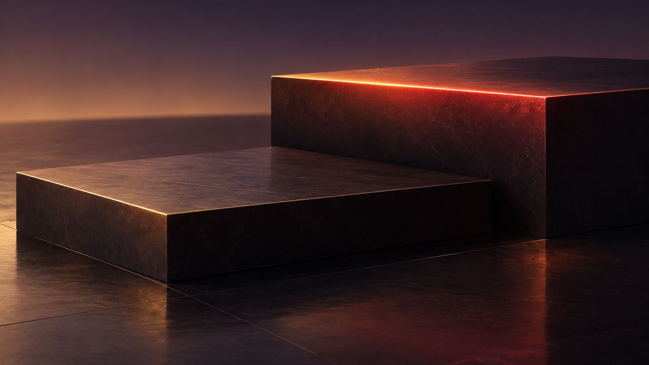 Abstract illustration: two stepped platforms at different heights, the taller edge-lit in warm red