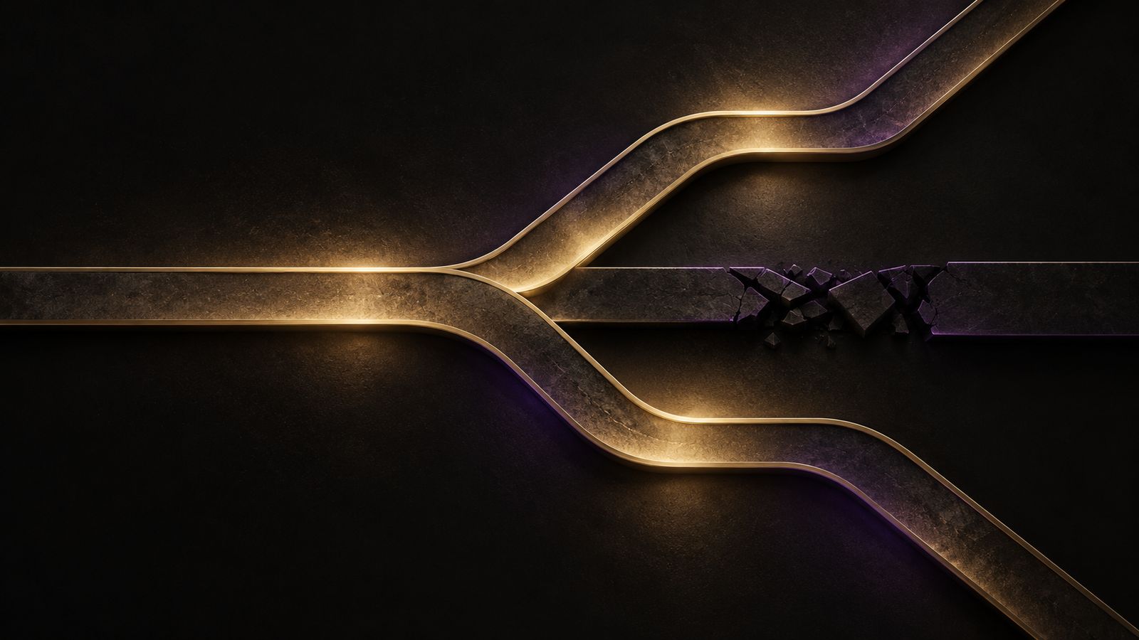 Abstract illustration: a branching gold channel with one branch darkened and interrupted